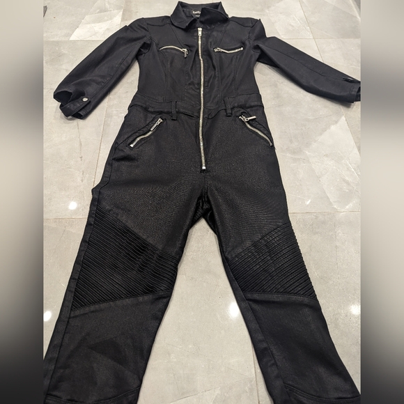 Bebe - Amazing Black Stretchy Denim Moto Jumpsuit Catsuit - Picture 3 of 8